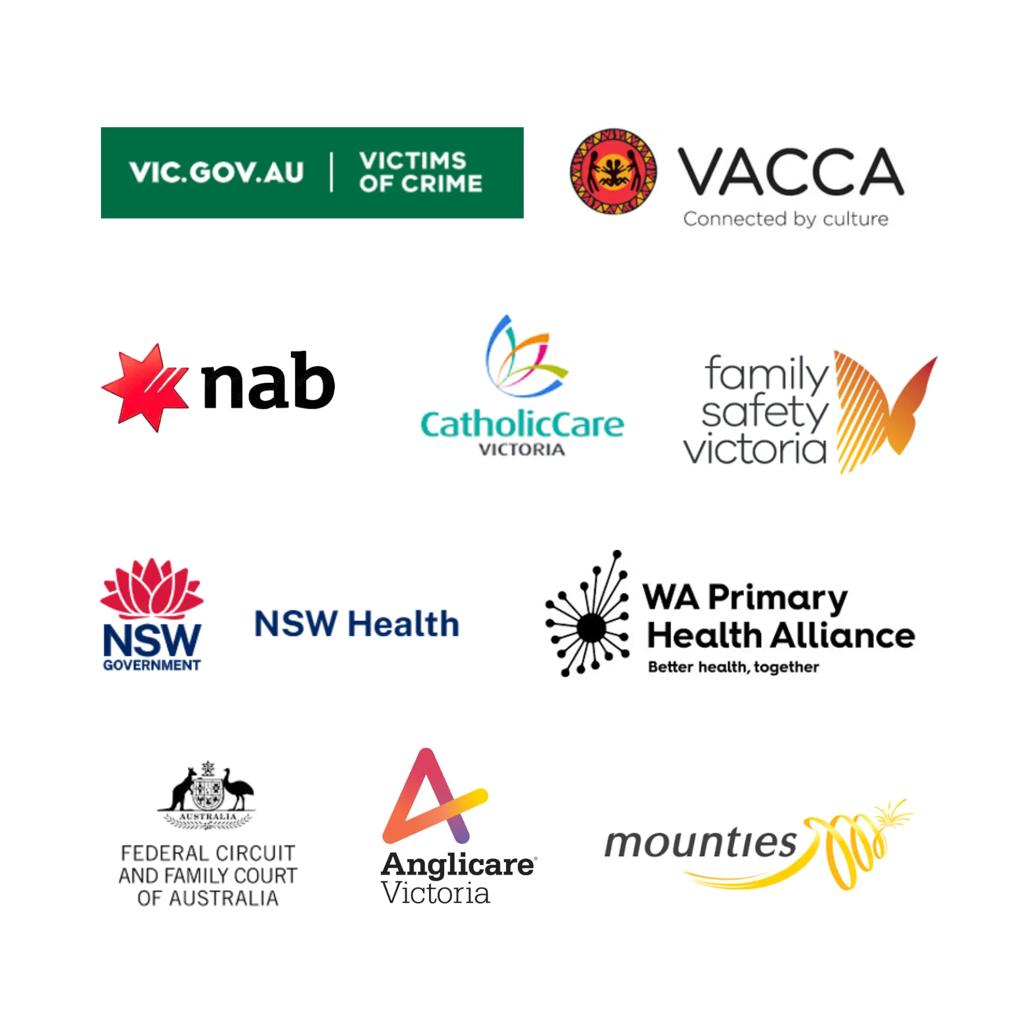 Logos of organisations No To Violence have partnered with including NAB, Victorian Government, NSW Government, CatholicCare Victoria, VACCA, Federal Circuit and Family Court of Australia, Family Violence Victoria, Mounties, WA Primary Health Alliance